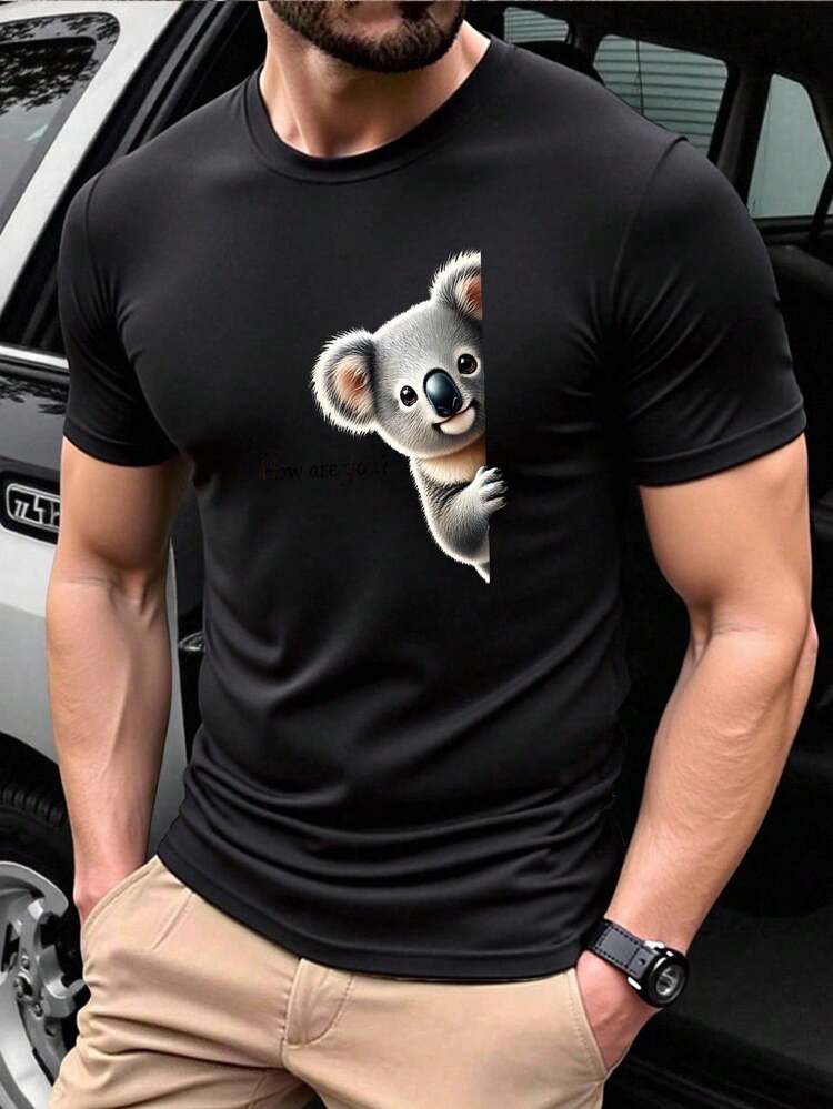 Fashionable Summer Men's Solid Color Crew Neck Short Sleeve T Shirt, Breathable Comfortable Versatile Casual Daily Wear Top With Cute Animal Print - Black - View 6
