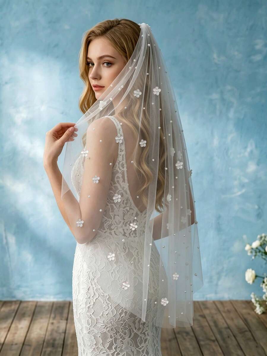 1件 1米長珍珠花卉新娘面紗，簡約優雅，女性婚紗配件，結婚登記頭飾