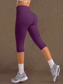 VVX Quần legging yoga capri nữ cạp cao, kiểm soát bụng, nhún mông nâng mông, không đường may, màu trơn, ôm chân, quần tập yoga thể thao cho gym và mặc hàng ngày - Màu tím - Xem 1