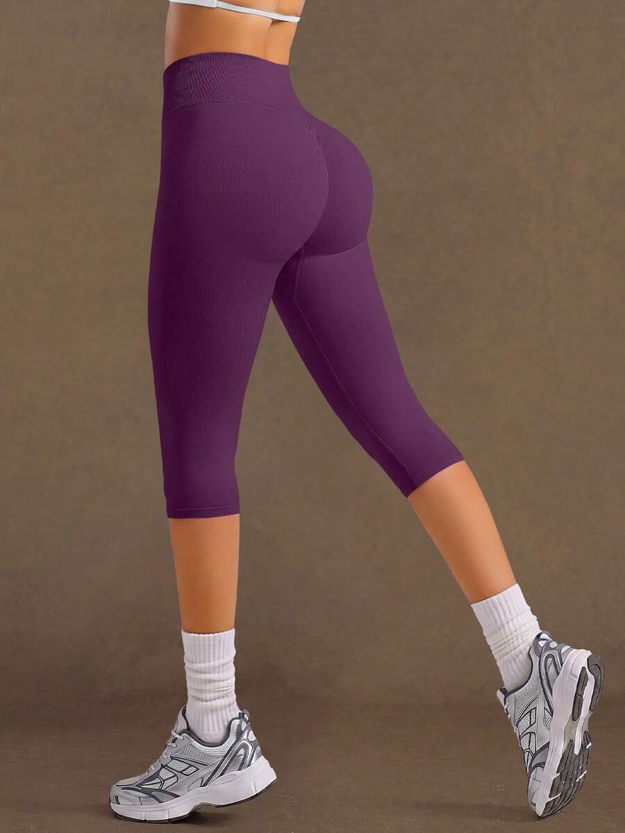 VVX Quần legging yoga capri nữ cạp cao, kiểm soát bụng, nhún mông nâng mông, không đường may, màu trơn, ôm chân, quần tập yoga thể thao cho gym và mặc hàng ngày - Màu tím - Xem 1
