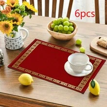 1/2/4/6/8入紅色餐墊，18"*12"(45*30cm)，2款金邊希臘回紋與純紅設計，100%聚酯纖維防水防污耐熱可機洗耐用桌墊，適用於居家、餐廳、B&B - 彩色 - 查看 13