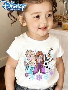Disney Short-Sleeved T-Shirts With Elsa, Anna, And Olaf Designs, Suitable For Boys And Girls To Wear At School, Outdoor Activities, And Disneyland. - White - View 1