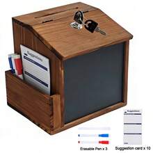 Rustic Wooden Suggestion Box Tip Jar Donation Wall Mounted Box W/Slot Lock Chalkboard - A - View 1
