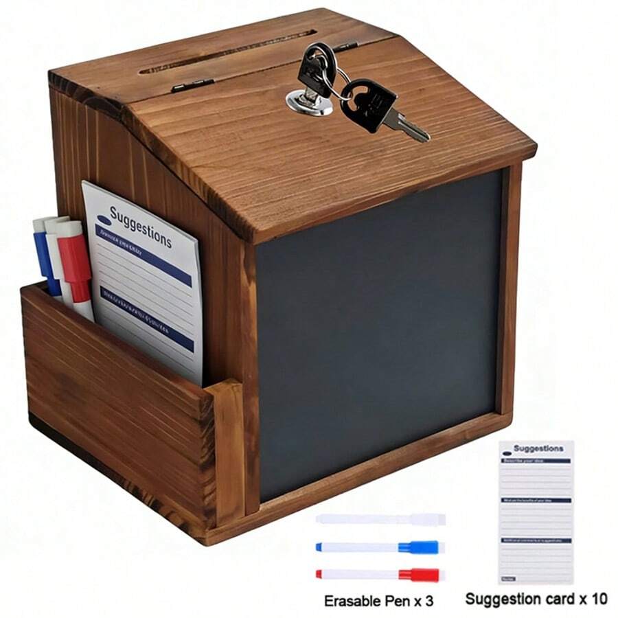 Rustic Wooden Suggestion Box Tip Jar Donation Wall Mounted Box W/Slot Lock Chalkboard - A - View 1