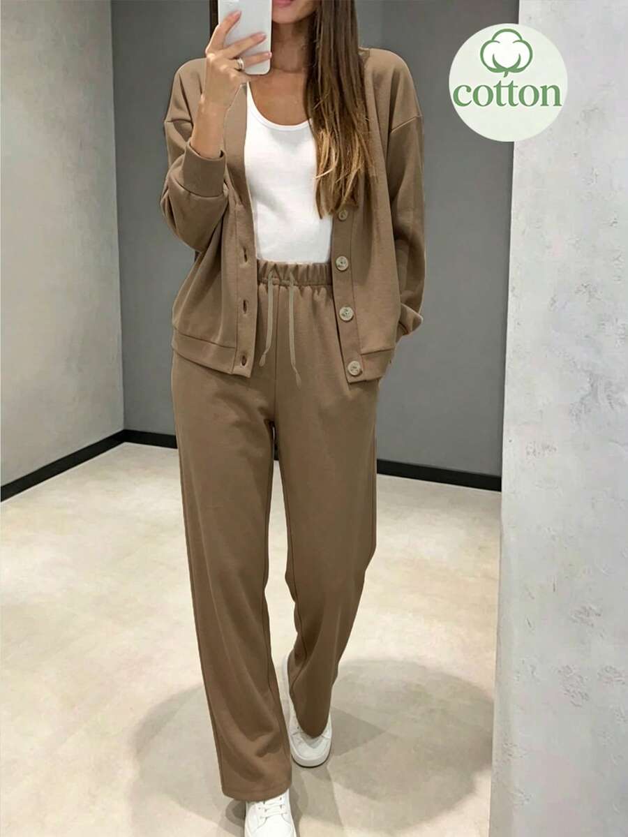 YI XUAN Women's 2pcs Set, Sports Casual Knit Cardigan Button Jacket And Drawstring Pants,Cotton Material Women's Clothing For Fall And WinterBrown Suit