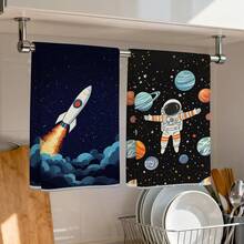 2入組太空主題圖案超細纖維廚房毛巾，40*60cm/15.7*23.6in，單面印花，廚房抹布，適用於餐廳、廚房、浴室裝飾，節日禮物 - 彩色 - 查看 1