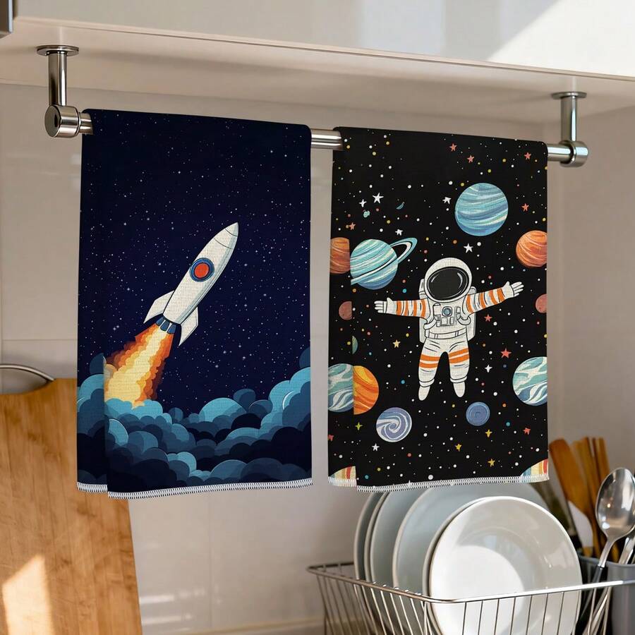 2入組太空主題圖案超細纖維廚房毛巾,40*60cm/15.7*23.6in,單面印花,廚房抹布,適用於餐廳、廚房、浴室裝飾,節日禮物 - 彩色 - 查看 1