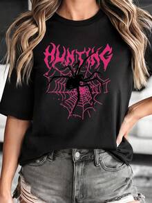 Women's Casual Round Neck Short Sleeve Drop Shoulder Spider Web Print Knitted T-Shirt, Grunge Style Streetwear Top - 黑色 - 查看 10