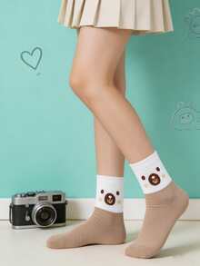 5 Pairs Calf-Length Socks With Bear Patterns For Women, Japanese Preppy Style, Cute Cartoon Design,Comfortable And Breathable - Multicolor - View 2