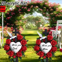 1pc Large 2D Acrylic Cross Memorial Garden Sign With White Dove And Floral Pattern, 35.05cm Height, Decorative Mourning Memorial Sign For Home - O - View 1