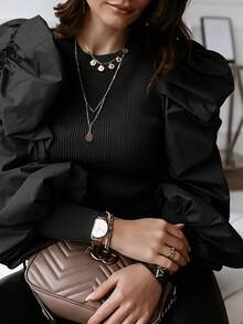 Nuevo modelo 2026:Camisas y suéteres con mangas abullonadas, cuello redondo acanalado y volantes. - Negro - Ver 4