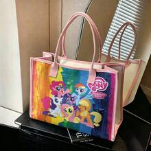 Miniso Little Pony Main Characters Group Print Canvas Tote Bag, Vibrant Rainbow Gradient Background Large Capacity Casual Handheld Shoulder Bag - Black - View 4