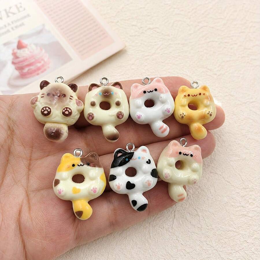 7/14pcs Cute Cartoon Cat Animal Pendant, Resin Charm, Cartoon Cat With Long Tail Design, Jewelry Making Supplies, Adorable Resin Hanging Decor, DIY Earring Materials - Random Mix - Multicolor - View 1