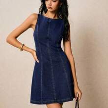 jianchaimaoyi02  Vestido de mezclilla casual de mujer sin mangas, cuello redondo, espalda descubierta y con lazo - Azul lavado oscuro - Ver 1