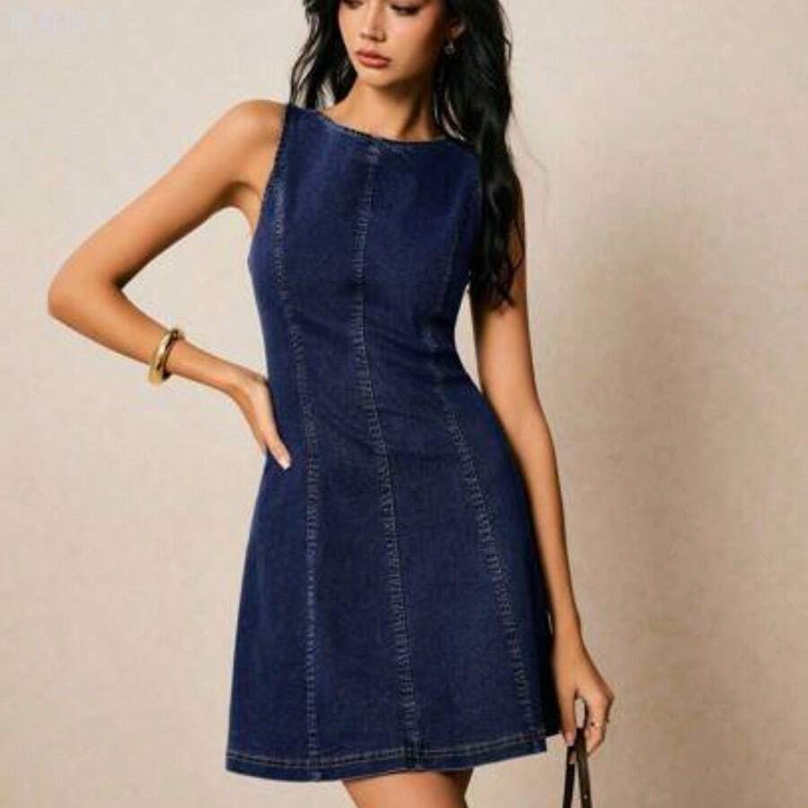 jianchaimaoyi02 Vestido de mezclilla casual de mujer sin mangas, cuello redondo, espalda descubierta y con lazo - Azul lavado oscuro - Ver 1