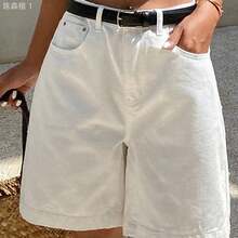 jianchaimaoyi02  Pantalones cortos de mezclilla casuales y sueltos de unicolor para mujer, de verano - Blanco - Ver 3