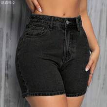 xuehuamaoyi02  Shorts de mezclilla casuales lisos para mujer para uso diario - Negro01 - Ver 1