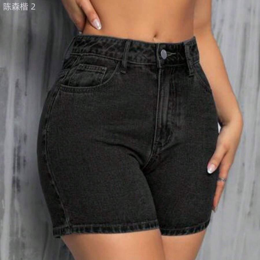 xuehuamaoyi02 Shorts de mezclilla casuales lisos para mujer para uso diario - Negro01 - Ver 1