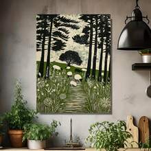 Póster plano 2D, 2D plano, 1 pieza sin marco de ovejas del bosque verde, paisaje de senderos del bosque, pintura en lienzo, arte de pared creativo, regalo de cumpleaños, sala de estar, dormitorio, cocina, baño, decoración de pasillo y reutilizable - Enmarcado - Ver 4