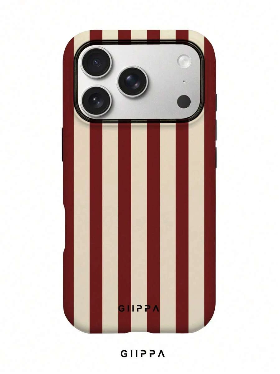 A Stylish Phone Case Does Not Include A Lanyard Or Stand. This 2-In-1 Phone Case Features A Matte Vertical Stripe Design In Pink And Light Yellow And Is Compatible With 16, 15, 14, 13, 12, 11, PRO, PLUS, And Other Models. - Burgundy - View 1
