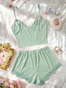 Bộ 2 món nội y nữ gợi cảm, áo chui đầu dây điều chỉnh chi tiết nơ & quần short kiểu boxer, ren nhấn nhá, nâng ngực, màu trơn, đồ ngủ mặc nhà - màu xanh lá - Xem 5