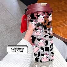 1個/5個 500ml可愛牛紋保溫杯,500ml塑膠水瓶附吸管與背帶,防漏雙層杯,粉色蝴蝶結牛紋圖案,適合冰咖啡、冷萃咖啡、夏季及牛迷禮物 - 黑與白 - 查看 13