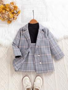 Young Girl 3-Piece Set: Plaid Double-Breasted Rose Blazer, Solid Color Top, And Plaid Mini Skirt, Casual Chic Outfit For School, Outdoor, Commute, And Vacation - Blue - View 1