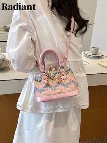 Wavy Shell Bag, Bohemian Style, Color Block Patchwork Versatile Fashion Women's Handbag, Suitable For Vacation, Shopping And Dating - Pink - View 4