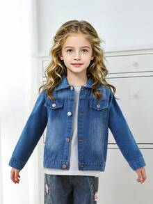 Chaqueta vaquera casual para niñas, de unicolor, adecuada para primavera y otoño - Azul lavado medio - Ver 8