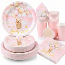 10/24/96pcs Teddy Bear & Balloon Theme Party Tableware Set, 7" & 9" Disposable Paper Plates, 9oz Cups & Napkins With Pink Bear Print, Complete Party Supplies For Adult Celebrations & Backyard Gatherings, Sturdy Tableware Set - Multicolor - View 4