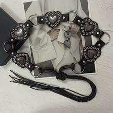 1pc PU Material Mirror Disc Rivet Lace-Up Waist Belt - Black - View 2