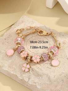 1pc Luxury Gold Powder Cherry Blossom Four-Leaf Clover Beaded Bracelet With Heart Hollow Bead And Pink Crystal Round Pendant, Lucky Gift Bangle - Multicolor - View 8