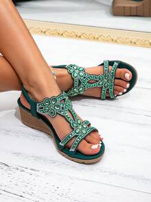 Women's Summer Vacation Style Sandals, Versatile Casual Bohemian Thick Sole Sandals, Beach Sandals Thick Sole Height-Increasing Sandals, Gentle Elegant Women's Sandals, Summer New Women's High Heel Sandals Breathable Comfortable Sandals Fashion Wedge Platform Sandals Simple Elegant Sandals, Women's Gladiator Sandals Bohemian Sandals Fashion Colorblock Sandals Women's Summer New Beach Essential Sandals - Green - View 5