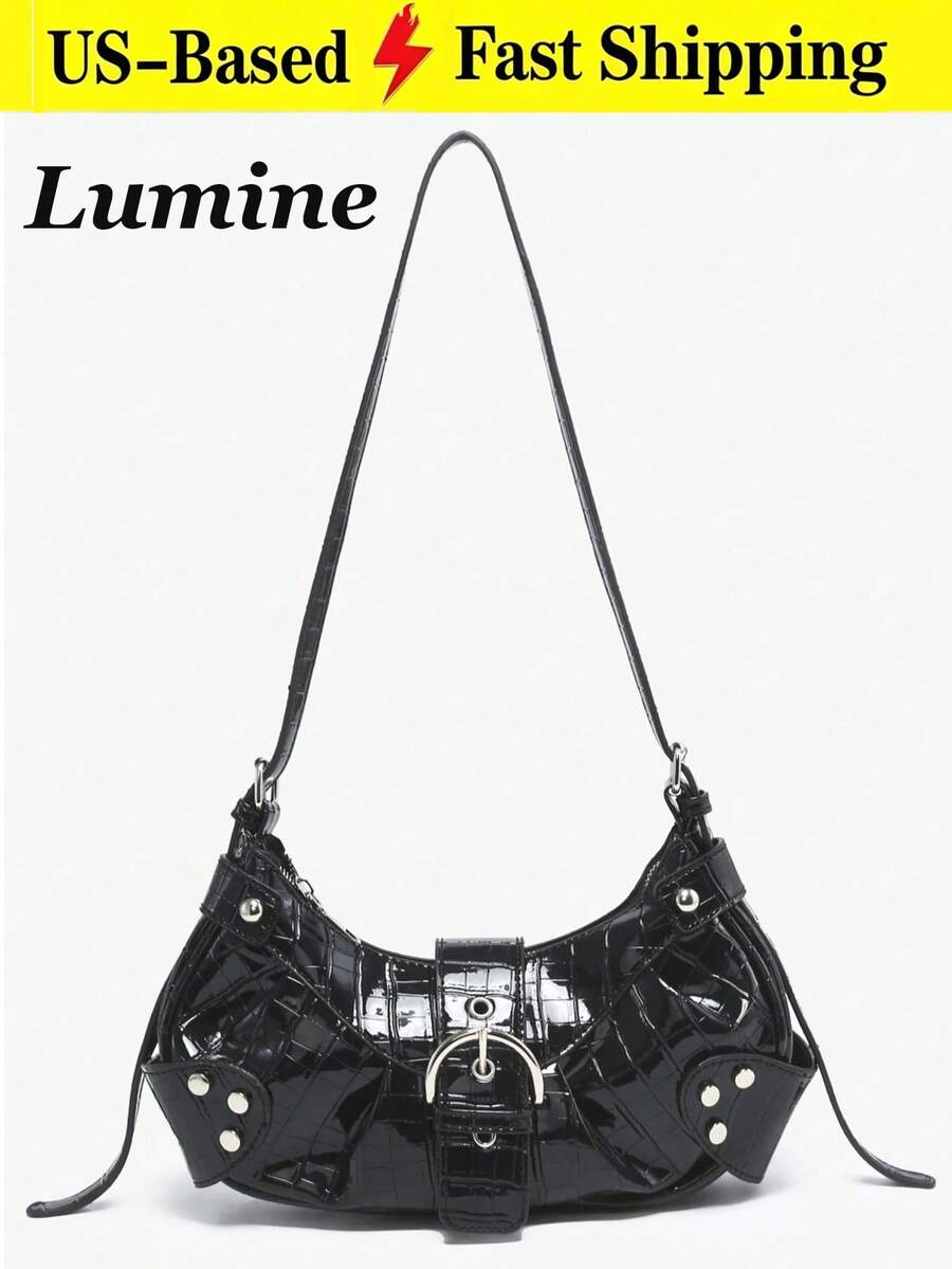 2026 Lightweight Portable Vintage Crossbody Bag For Women: Punk & Gothic Y2K Style Vegan Leather Motorcycle Purse With Rivets, Metal Chains & - Black - View 1