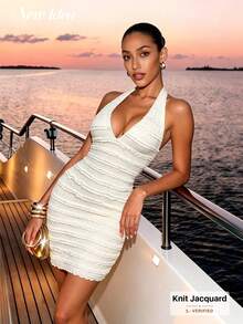 NEW IDEA Women's Elegant Sexy White Jacquard Halter Neck Short Summer Dress, Deep V Backless Textured Pleated Bodycon Mini Dress, Suitable For Yacht, Beach Vacation, Night Out - White - View 6