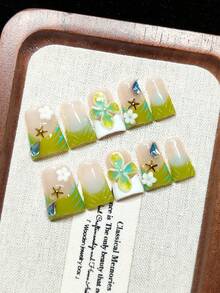 Press-On Fake Nails, Handmade Wearable Nails, Short Duck Shape, Nude With Green And White French Tips, Gradient Tie Dye Design, Hand-Painted Blue Stripes, Handmade 3D Green Floral Carving, Transparent Drag Design, White Pearls, 3D White Flowers And Gold Starfish Decoration, Rhombus Rhinestone Glitter, Fresh And Sweet Style, Exquisite And Elegant, Reusable - Lime Green - View 2