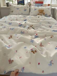1pc Cute Pony Pattern Scalloped Edge Summer Quilt, Lightweight Soft Breathable Summer Thin Blanket, Suitable For Home Bedroom, Air-Conditioned Room, Dormitory, Hotel, Machine Washable And Easy To Care - Baby Blue - View 6