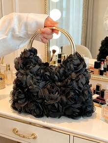 Elegant Rose Flower Clutch Purse, Women Formal Dress Party Handbag, Gentle Sweet Girl's Shoulder Bag, Solid Color Bucket Bag, Bridal Purse - 黑色 - 查看 1