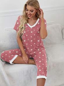 Conjunto de pijama Capri para mujer con top de manga corta con cuello en V y pantalones cortos con bolsillos. - Gris - Ver 5