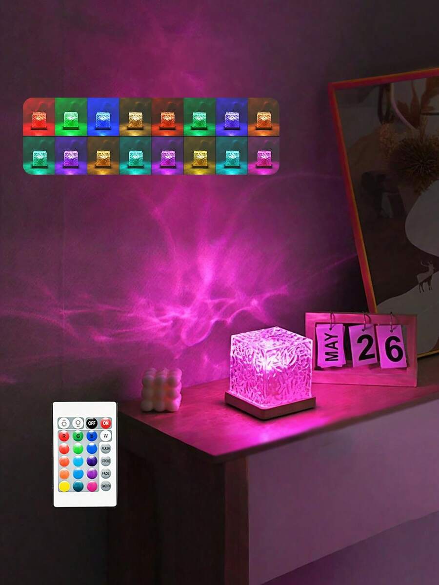 1pc Dynamic Rotating Water Wave Light, USB 5V Input, RGB Multi-Color Changing, With Remote Control, Suitable As Gift Lamp, Romantic Bedroom Atmosphere Light - 彩色 - 查看 1