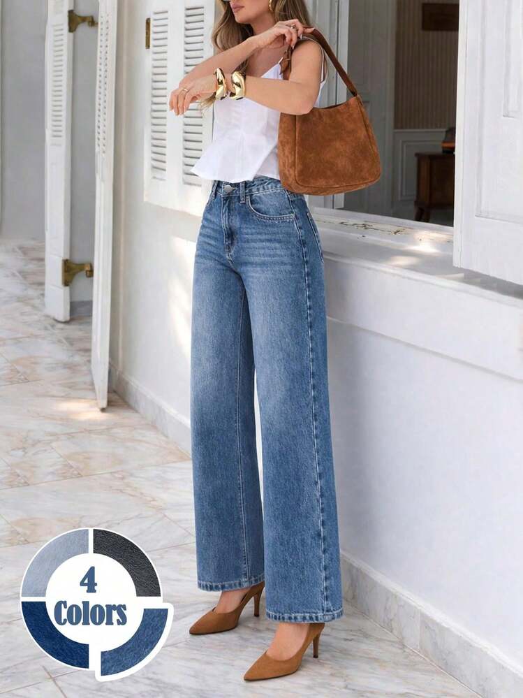 Jeans anchos y sueltos de color azul claro con cintura elástica, versátiles para vacaciones, ir al trabajo y uso casual diario - azul claro - Añade 11