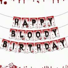 Happy Bloody Birthday Banner mit blutigem Handabdruck, Horror-Blut-Thema Geburtstagsparty Hängebanner, Horror-Zombie-Stil Halloween-Geburtstag Wanddekoration Zubehör - Requisitenbanner - Übersicht 3