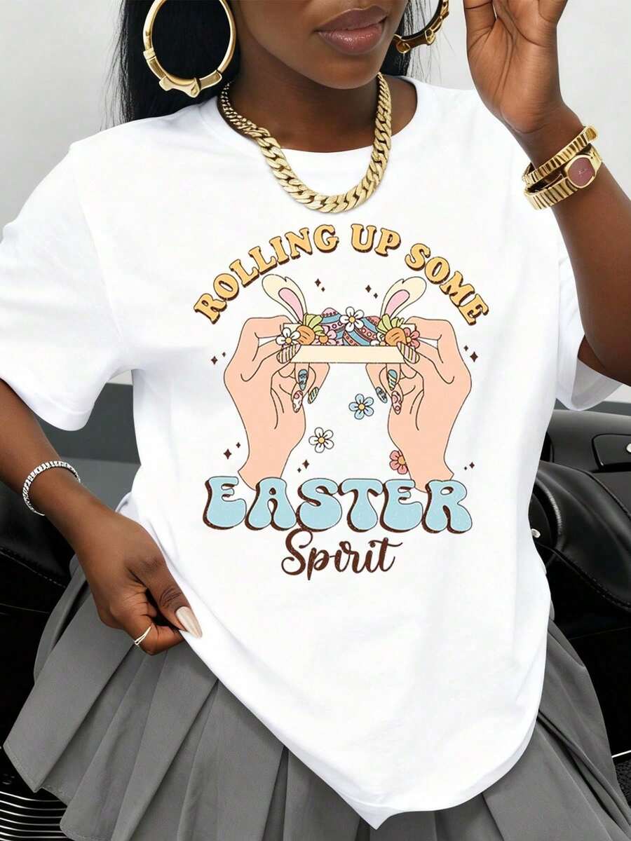 Camiseta Casual para Mujer con Diseño de Orejas de Conejo y Flores para Celebrar la Pascua en Primavera, Camiseta Divertida con Gráficos Festivos. - Blanco - Ver 1