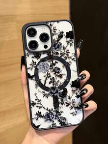 1pc Black Floral Magnetic Fashion Phone Case, New Creative Shadow Forest Peony Pattern Unique Phone Case, Suitable For Apple 16 Pro Max, 11/12/13/14 Plus, XR, 7/8 Plus, 15 Pro Max Series, Spring Gift, Birthday Gift - Black - View 2