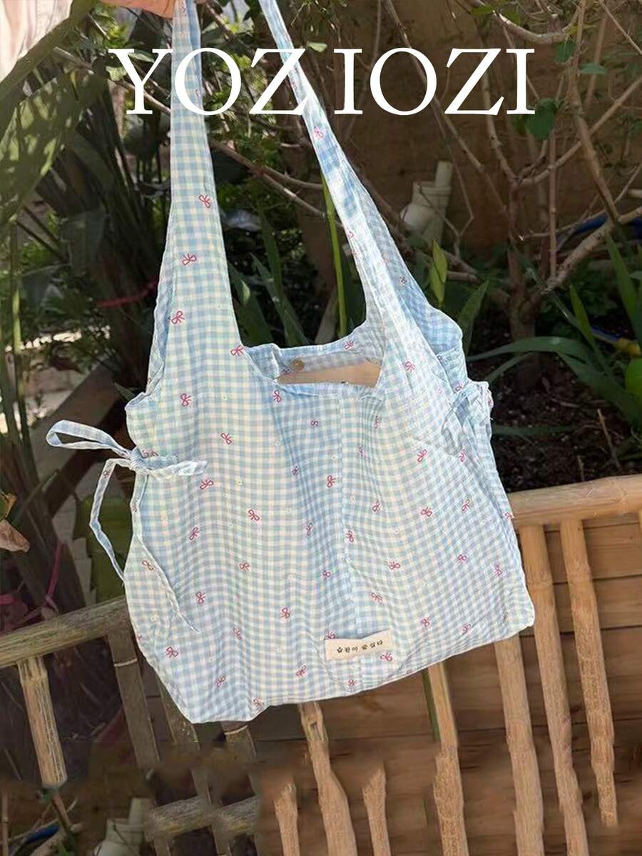 Japanese And Korean Style Niche Design Ins Style Minimalist Fashion Plaid Fresh Shoulder Bag Commuter Outing Daily Shopping Bow Knot Drawstring Shoulder Tote Large Bag - Blue - View 1