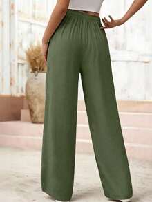 Women's Linen Palazzo Pants, Adjustable Waist With Drawstring, Side Pockets, Casual And Breathable For Vacations - 墨綠色 - 查看 3