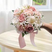 1件裝嬰兒呼吸花與玫瑰新娘婚禮花束，粉色新娘花束，婚禮人造花束，附緞帶伴娘花束，裝飾珍珠蕾絲網格玫瑰花束 - 彩色 - 查看 6