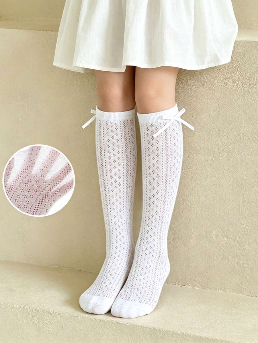 1 Pair Girls' Thin Bowknot Crew Socks, White Mesh Long Socks, Suitable For Dresses, Spring/Summer - White - View 1