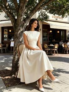 Women's Boat Neck Cap Sleeve Midi Dress, Corset Waist A-Line Flare Dress, Elegant Formal & Bridesmaid Dress - 白色 - 查看 7
