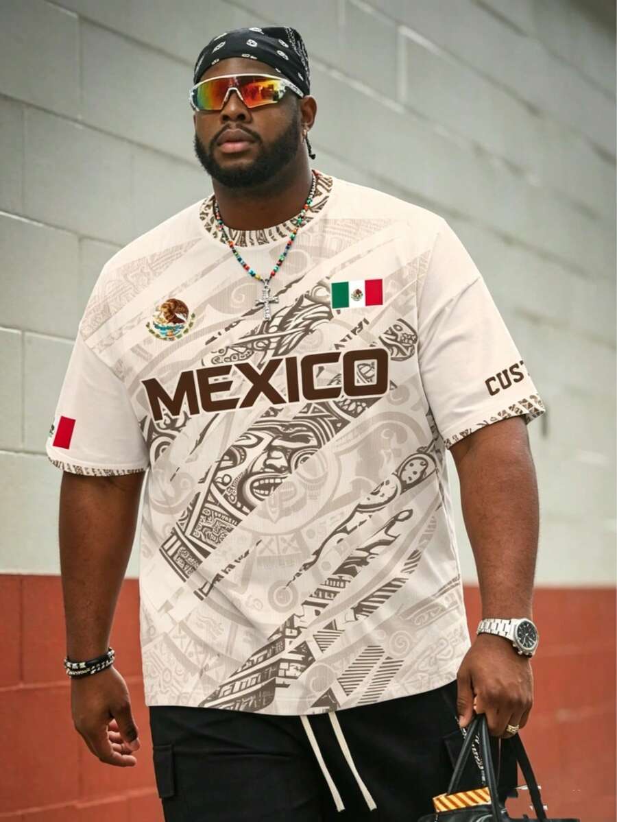 Camiseta de Manga Curta com Totem Maia Mexicano para Homens Plus Size, Camiseta Casual Larga Vintage, Camiseta Plus Size da Moda - Multicolorido - Visão 1